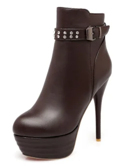 Bottine femme à bout rond et talons aigus en Synthétique unicolore avec strass Boots