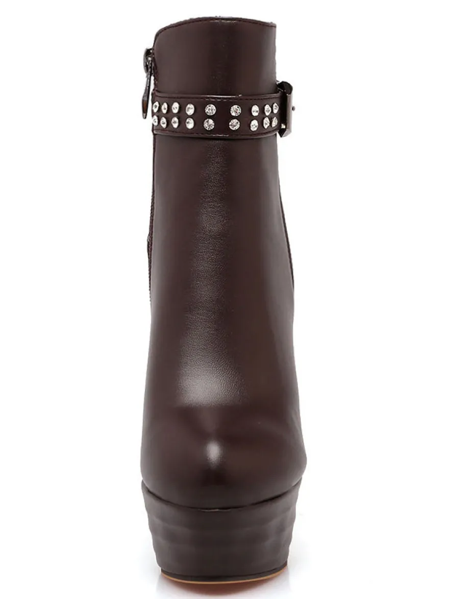 Bottine femme à bout rond et talons aigus en Synthétique unicolore avec strass Boots