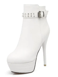 Bottine femme à bout rond et talons aigus en Synthétique unicolore avec strass Boots