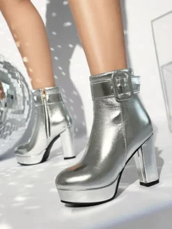 Bottines à boucle roses pour femmes bottines à bout rond et talon épais