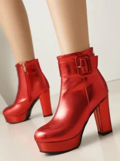Bottines à boucle roses pour femmes bottines à bout rond et talon épais