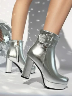 Bottines à boucle roses pour femmes bottines à bout rond et talon épais