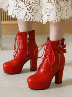 Bottines à bout rond blanches pour femmes Bottines à talon épais