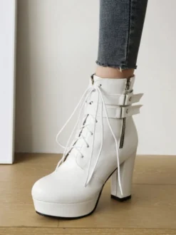 Bottines à bout rond blanches pour femmes Bottines à talon épais