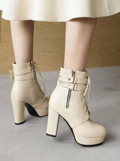 Bottines à bout rond blanches pour femmes Bottines à talon épais
