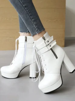 Bottines à bout rond blanches pour femmes Bottines à talon épais