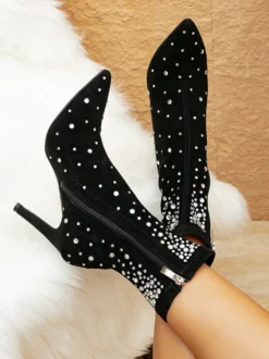 Bottines Chaussures Femmes Strass Daim Cuir Bout Pointu Talon Aiguille