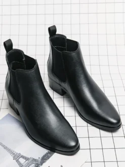 Bottines Chelsea courtes pour hommes bout pointu bruni en cuir avec bande élastique à enfiler antidérapantes imperméables décontractées