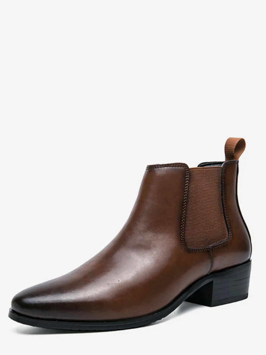 Bottines Chelsea courtes pour hommes bout pointu bruni en cuir avec bande élastique à enfiler antidérapantes imperméables décontractées