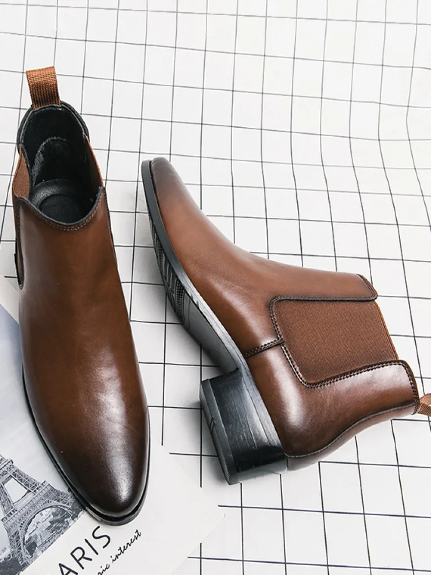 Bottines Chelsea courtes pour hommes bout pointu bruni en cuir avec bande élastique à enfiler antidérapantes imperméables décontractées