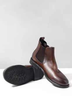 Bottines Chelsea marron en cuir véritable bout rond à enfiler