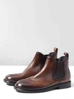 Bottines Chelsea marron en cuir véritable bout rond à enfiler
