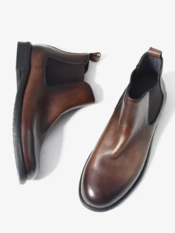 Bottines Chelsea marron en cuir véritable bout rond à enfiler