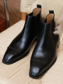 Bottines Chelsea noires à bout carré pour homme en cuir de vache bottines de mariage pour bal de fin d'année