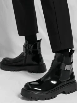 Bottines Chelsea à plateforme pour homme en cuir brillant semelle épaisse et élastique