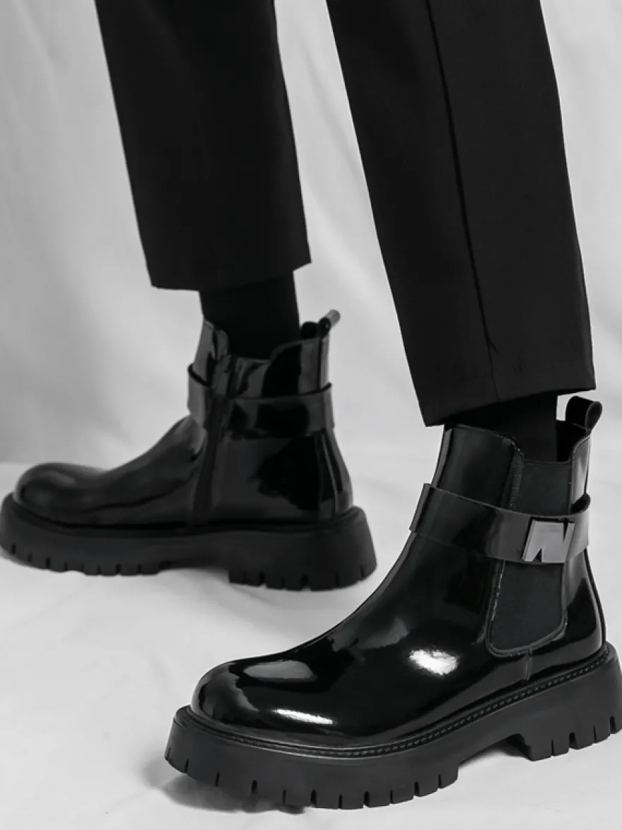 Bottines Chelsea à plateforme pour homme en cuir brillant semelle épaisse et élastique