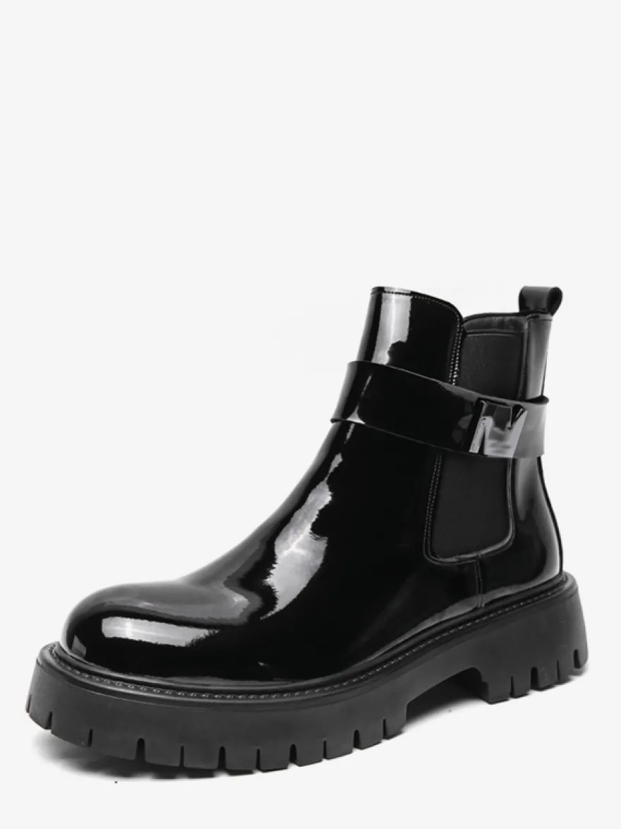 Bottines Chelsea à plateforme pour homme en cuir brillant semelle épaisse et élastique