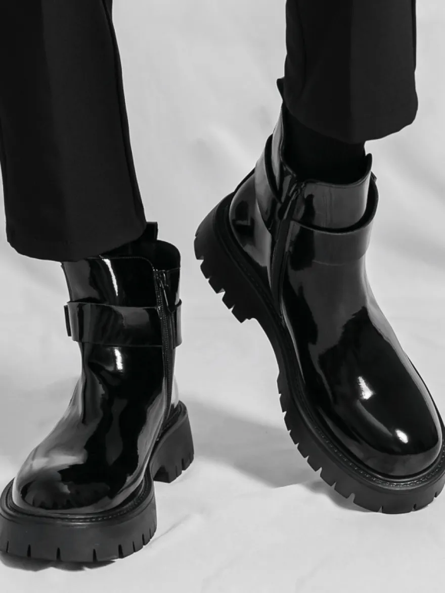 Bottines Chelsea à plateforme pour homme en cuir brillant semelle épaisse et élastique