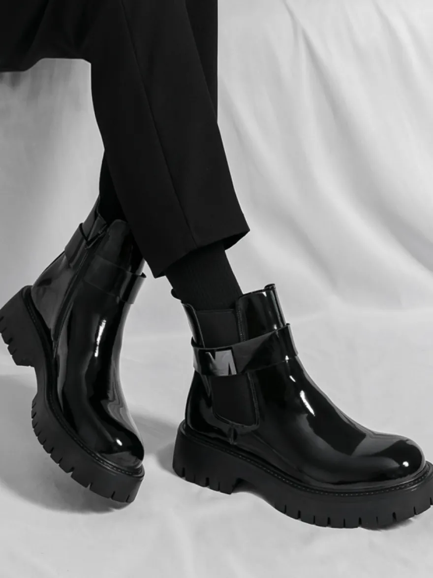 Bottines Chelsea à plateforme pour homme en cuir brillant semelle épaisse et élastique