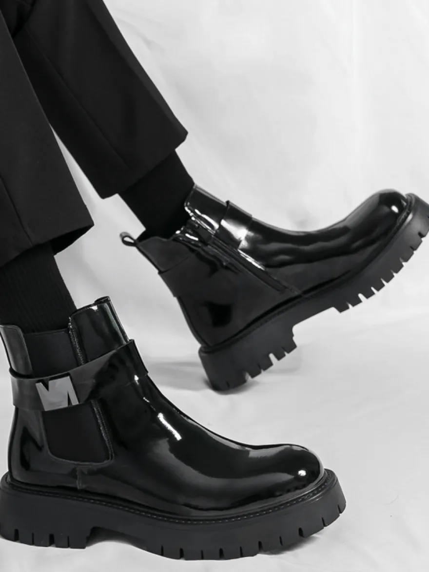 Bottines Chelsea à plateforme pour homme en cuir brillant semelle épaisse et élastique