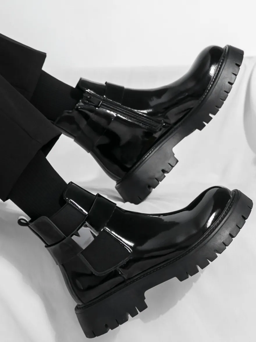 Bottines Chelsea à plateforme pour homme en cuir brillant semelle épaisse et élastique