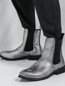 Bottines Chelsea pour homme à bout pointu en cuir brillant imprimé python avec talon bas