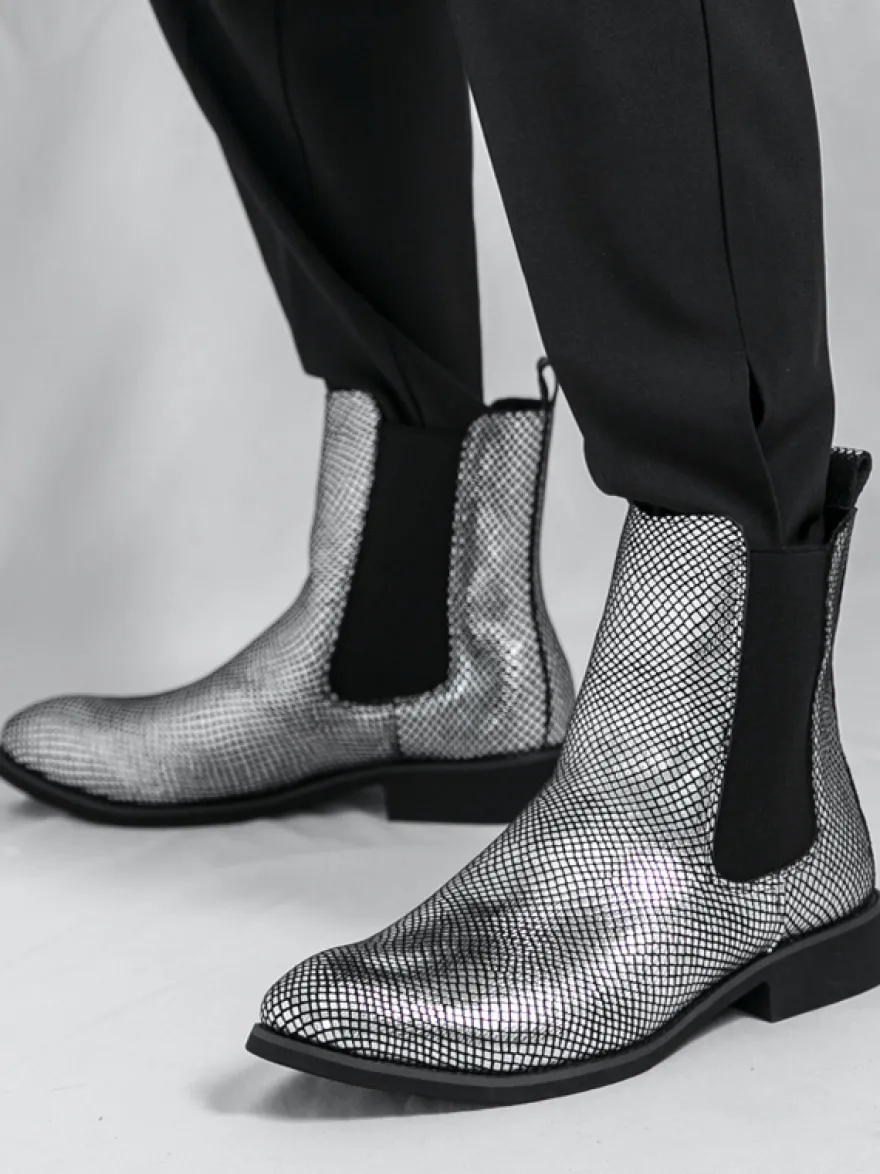 Bottines Chelsea pour homme à bout pointu en cuir brillant imprimé python avec talon bas