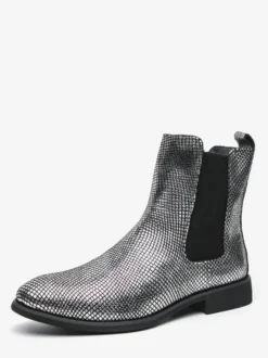 Bottines Chelsea pour homme à bout pointu en cuir brillant imprimé python avec talon bas