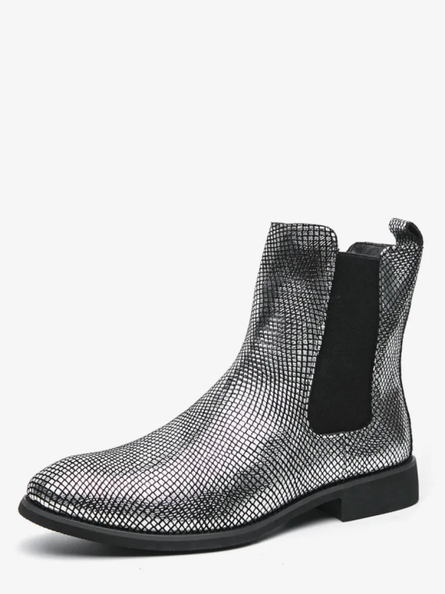 Bottines Chelsea pour homme à bout pointu en cuir brillant imprimé python avec talon bas