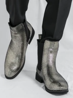 Bottines Chelsea pour homme à bout pointu en cuir brillant imprimé python avec talon bas