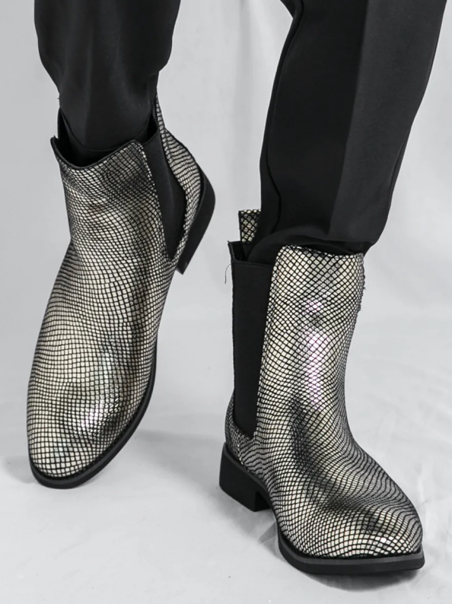Bottines Chelsea pour homme à bout pointu en cuir brillant imprimé python avec talon bas