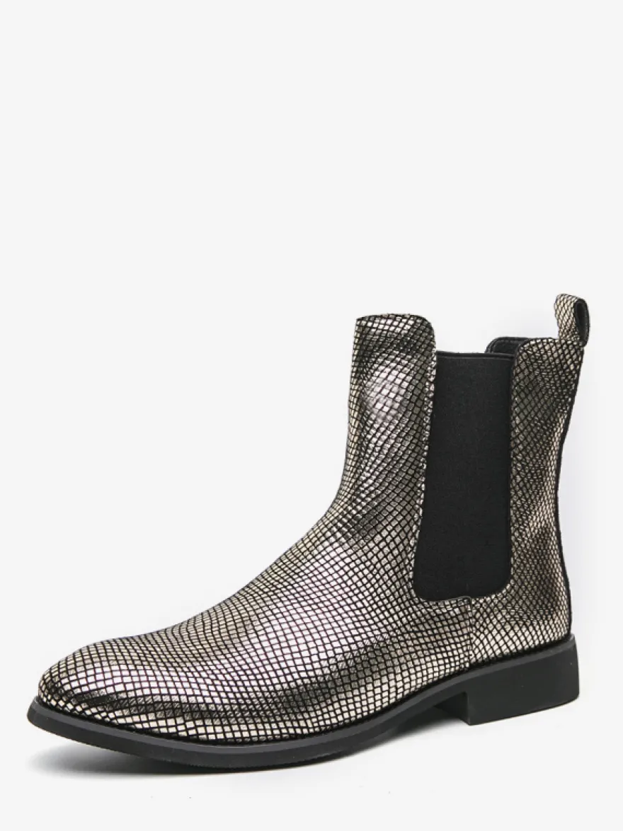 Bottines Chelsea pour homme à bout pointu en cuir brillant imprimé python avec talon bas