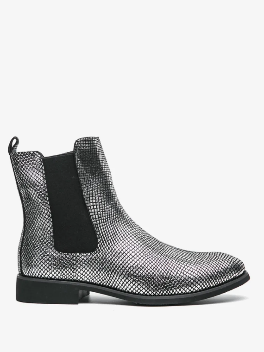 Bottines Chelsea pour homme à bout pointu en cuir brillant imprimé python avec talon bas