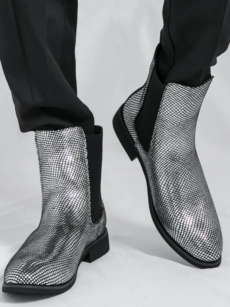 Bottines Chelsea pour homme à bout pointu en cuir brillant imprimé python avec talon bas