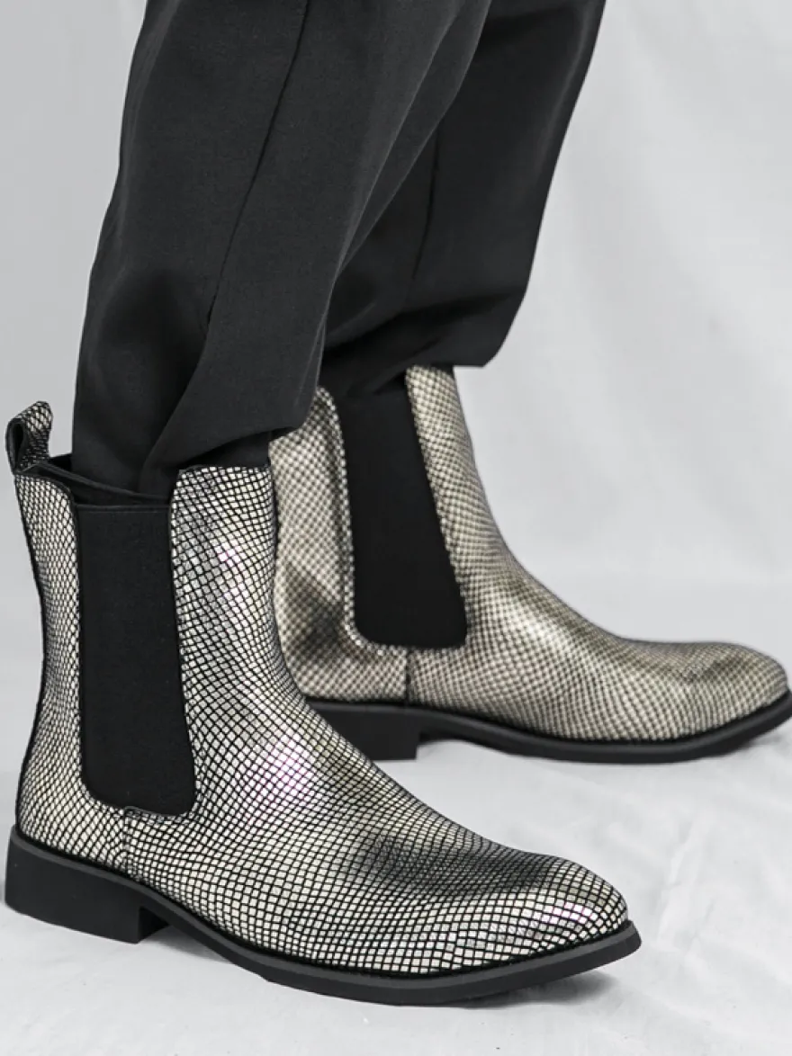 Bottines Chelsea pour homme à bout pointu en cuir brillant imprimé python avec talon bas