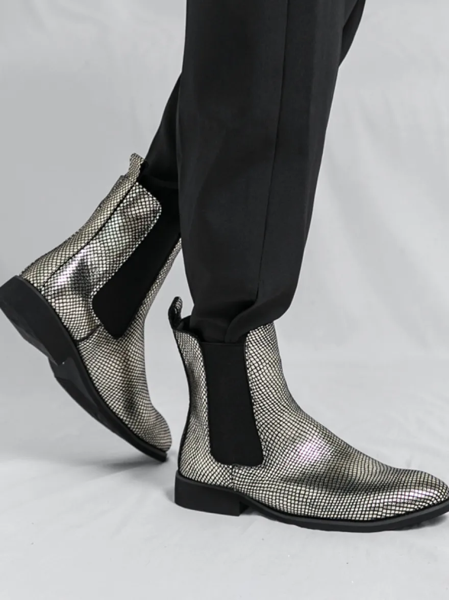 Bottines Chelsea pour homme à bout pointu en cuir brillant imprimé python avec talon bas