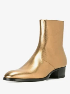 Bottines Chelsea pour homme en cuir véritable doré à talon épais et bout rond bottines courtes à la finition brillante.