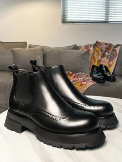 Bottines Chelsea pour homme semelle épaisse bout rond style richelieu en cuir bottines rehaussantes