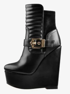 Bottines Compensées Noires À Boucle À Talon Épais Femmes
