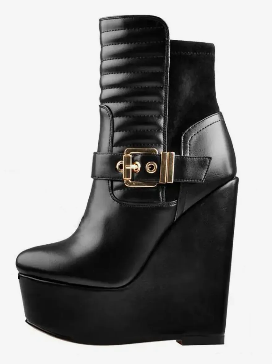 Bottines Compensées Noires À Boucle À Talon Épais Femmes
