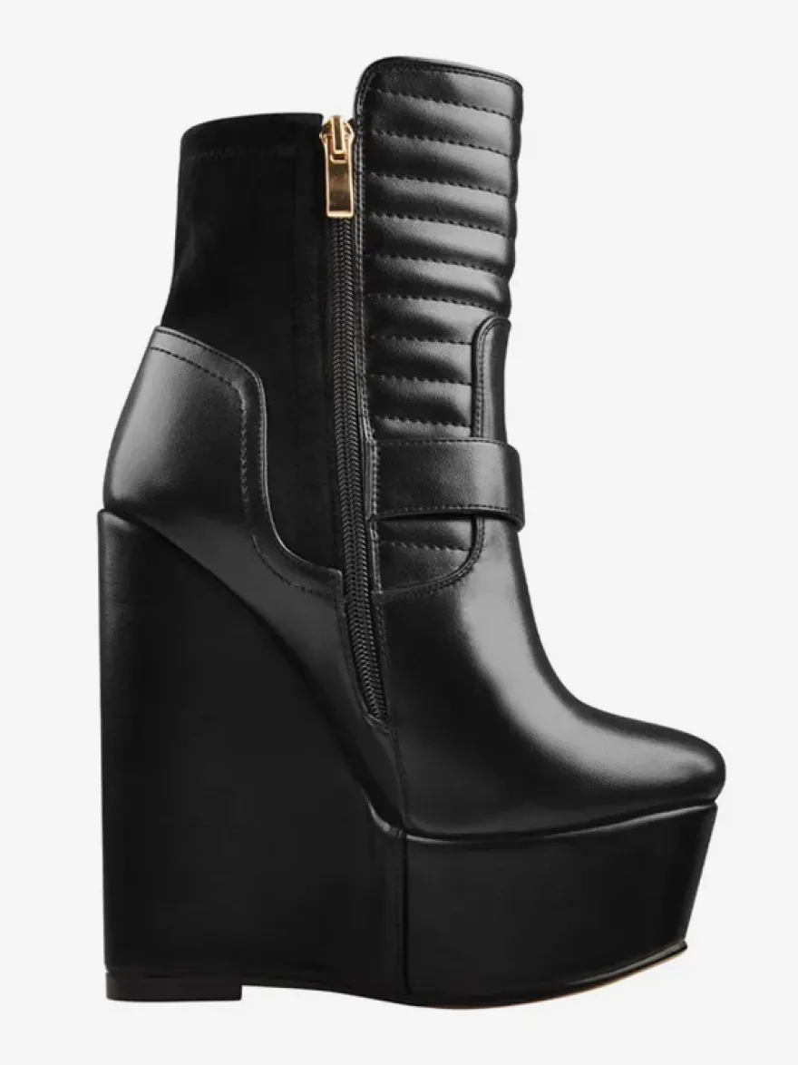 Bottines Compensées Noires À Boucle À Talon Épais Femmes