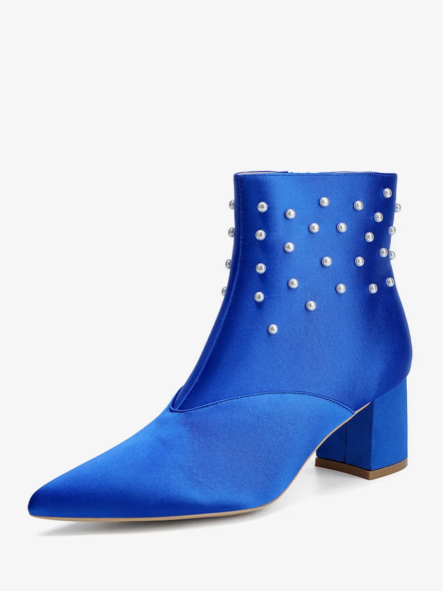 Bottines de mariage en satin à bout pointu et talons épais avec perles
