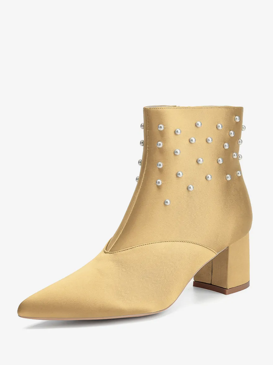 Bottines de mariage en satin à bout pointu et talons épais avec perles