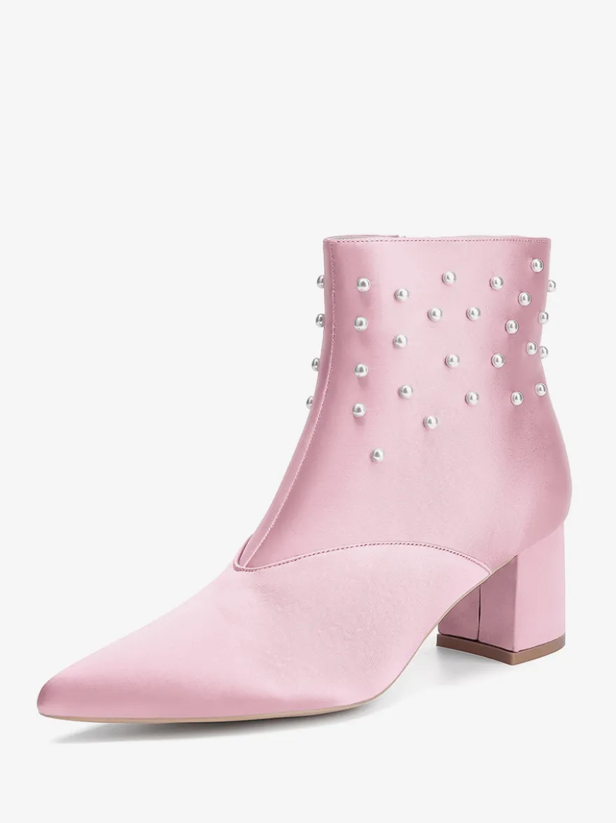 Bottines de mariage en satin à bout pointu et talons épais avec perles