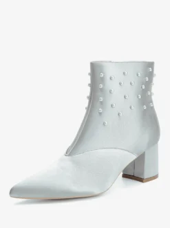Bottines de mariage en satin à bout pointu et talons épais avec perles