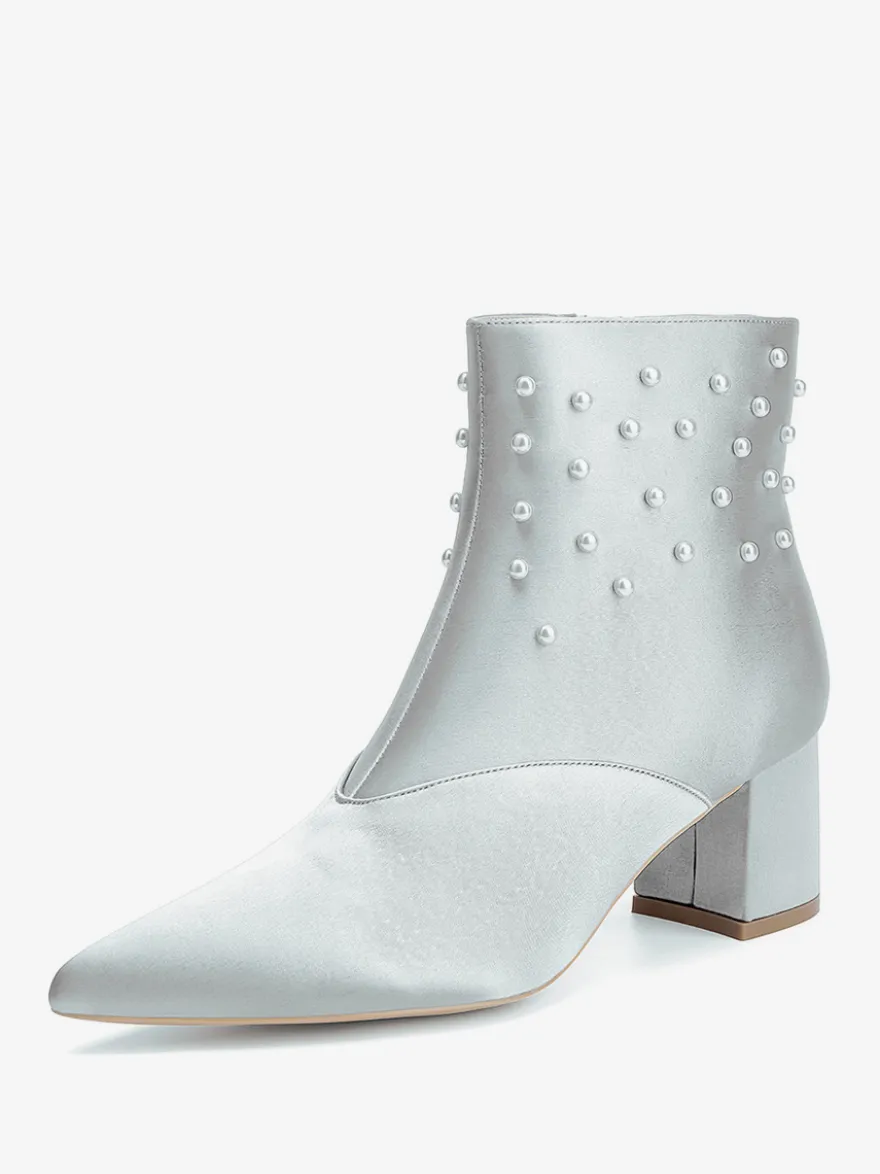 Bottines de mariage en satin à bout pointu et talons épais avec perles