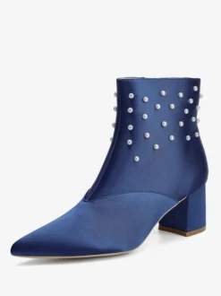 Bottines de mariage en satin à bout pointu et talons épais avec perles
