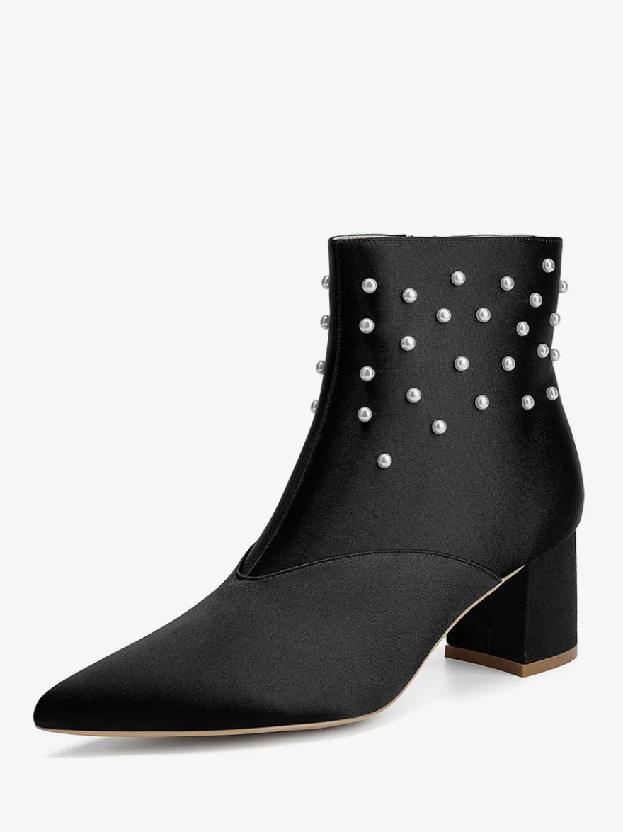 Bottines de mariage en satin à bout pointu et talons épais avec perles