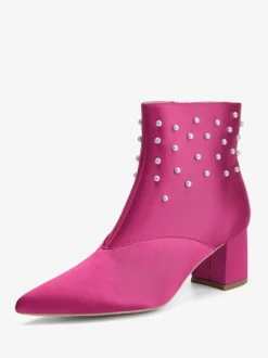 Bottines de mariage en satin à bout pointu et talons épais avec perles