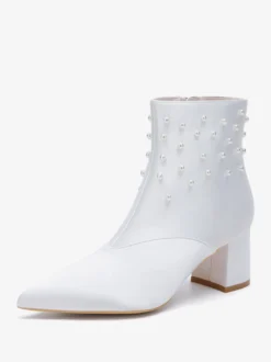Bottines de mariage en satin à bout pointu et talons épais avec perles